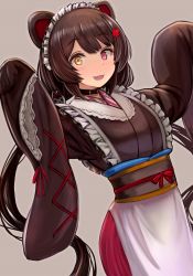 Rule 34 | 1girl, animal ears, apron, black collar, black hair, blush, collar, cowboy shot, cross-laced clothes, dog ears, dog girl, dog hair ornament, enumiyaa, fang, flower, frills, furisode, grey background, hair between eyes, hair flower, hair ornament, heterochromia, highres, inui toko, japanese clothes, kimono, long hair, long sleeves, looking at viewer, low twintails, maid, maid apron, maid headdress, nijisanji, obi, open mouth, red eyes, sash, simple background, sleeves past wrists, solo, standing, twintails, very long hair, virtual youtuber, wa maid, wide sleeves, yellow eyes