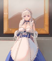 Rule 34 | 1girl, apron, azur lane, belfast (azur lane), braid, breasts, broken, broken chain, chain, cleavage, dress, french braid, frilled apron, frilled gloves, frills, gloves, highres, indoors, large breasts, long hair, looking at viewer, maid apron, maid headdress, purple dress, purple eyes, sadriv, solo, standing, white apron, white gloves, white hair