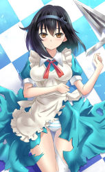 Rule 34 | 10s, 1girl, apron, black hair, blue dress, blush, brown eyes, dress, hairband, himeragi yukina, ishizu kayu, looking at viewer, lying, maid, maid apron, on back, panties, polearm, short hair, solo, spear, strike the blood, striped clothes, striped panties, torn clothes, torn dress, underwear, weapon