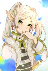 Rule 34 | 1girl, blonde hair, coat, earrings, elf, frieren, green eyes, hand up, highres, jewelry, looking at viewer, mashu (masyu ut), petals, pointy ears, ring, shirt, simple background, solo, sousou no frieren, standing, striped clothes, striped shirt, twintails, white background, wizard