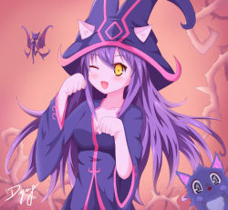 Rule 34 | 1girl, alternate costume, animal ears, blush, breasts, cleavage, collarbone, colored skin, dying0414, ears through headwear, fairy, hat, league of legends, long hair, lulu (league of legends), one eye closed, open mouth, paw pose, pink skin, pix (league of legends), purple hair, purple skin, solo, wicked lulu, wink, witch hat, yellow eyes