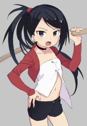 Rule 34 | 1girl, :o, aki poi, black hair, black shorts, blush, commentary request, cropped jacket, fingernails, grey background, hand on own hip, hand up, holding, jacket, long hair, navel, open clothes, open jacket, open mouth, original, ponytail, red eyes, red jacket, safety pin, short shorts, shorts, simple background, solo, strapless, v-shaped eyebrows, very long hair