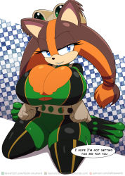 Rule 34 | 1girl, alternate breast size, ass, asui tsuyu (cosplay), blue eyes, bodysuit, boku no hero academia, breasts, cleavage, cosplay, crossover, english text, furry, gloves, goggles, goggles on head, highres, huge breasts, kojiro-brushard, looking at viewer, sega, sonic (series), sonic boom (series), sticks the badger, tail, thick thighs, thighs, tongue, tongue out, twintails, wide hips