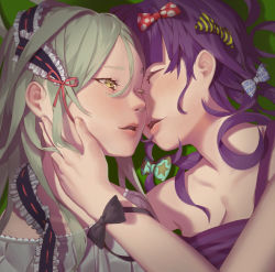 Rule 34 | 2girls, bare shoulders, black bow, blue bow, blush, bow, breasts, cleavage, closed eyes, eyelashes, frills, green background, green hair, hair between eyes, hair bow, hand on another&#039;s cheek, hand on another&#039;s face, headdress, highres, imminent kiss, lips, long hair, looking at another, multiple girls, one eye closed, original, parted lips, polka dot, polka dot bow, purple hair, qianjing, red bow, ribbon trim, shade, smile, star (symbol), star print, strapless, striped, striped bow, upper body, yellow eyes, yuri
