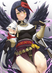 Rule 34 | 1girl, absurdres, arm guards, bird mask, black bodysuit, black gloves, black hair, black wings, bodysuit, commentary request, detached sleeves, feathered wings, genshin impact, gloves, gradient background, hair between eyes, highres, japanese clothes, kujou sara, linreplica, looking at viewer, mask, mask on head, multiple wings, obi, parted bangs, parted lips, sash, short hair, short sleeves, sidelocks, smile, solo, standing, standing on one leg, vision (genshin impact), wide sleeves, wings, yellow eyes