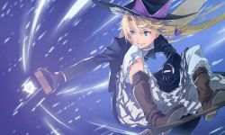 Rule 34 | 1girl, adapted costume, akimikan (2.5deciliter), alternate costume, blonde hair, blue eyes, boots, bow, braid, broom, broom riding, gloves, gradient background, grin, hair bow, hair ornament, hat, hat ribbon, jacket, kirisame marisa, long hair, long sleeves, looking to the side, master spark, mini-hakkero, outstretched arm, ribbon, shirt, side braid, single braid, skirt, smile, solo, touhou, turtleneck, witch hat