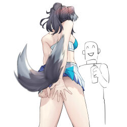 Rule 34 | 1girl, 1other, ^ ^, animal ears, back, black hair, blue archive, blue skirt, blush, breasts, closed eyes, covering ass, covering privates, crop top, dog ears, dog tail, feet out of frame, from behind, hibiki (blue archive), hibiki (cheer squad) (blue archive), highres, looking at another, medium breasts, medium hair, miniskirt, pleated skirt, police riot (artist), ponytail, simple background, skirt, smile, solo focus, tail, tail wagging, two-tone skirt, white background, white skirt