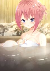 Rule 34 | 1girl, absurdres, bare shoulders, blue eyes, blush, breasts, calamity saika, cleavage, closed mouth, commentary, eyelashes, eyes visible through hair, hair between eyes, hair bun, hand on own chest, highres, knees up, large breasts, looking down, medium hair, naked towel, one side up, onsen, ozato fumika, partially submerged, red hair, reflection, reflective water, single side bun, sitting, smile, solo, split mouth, steam, tenshi souzou re-boot!, towel, tsurime, water, wet