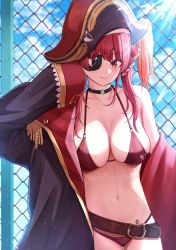 Rule 34 | 1girl, belt, bikini, breasts, chain-link fence, choker, cropped legs, dodon gadon, eyepatch, fence, hand up, hat, highres, hololive, houshou marine, large breasts, looking at viewer, midriff, off shoulder, pirate hat, red hair, sky, smile, solo, standing, sunlight, swimsuit, virtual youtuber