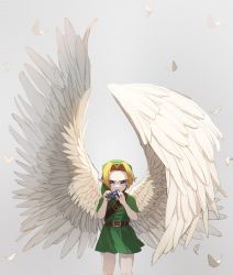 Rule 34 | 1boy, absurdres, angel wings, ao haruki, belt, blonde hair, blue eyes, cowboy shot, falling feathers, feathers, green headwear, green tunic, grey background, highres, holding, holding instrument, instrument, link, looking at viewer, male focus, music, nintendo, parted bangs, playing instrument, pointy ears, short hair, short sleeves, solo, the legend of zelda, the legend of zelda: majora&#039;s mask, white wings, wings