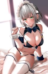 Rule 34 | 1girl, absurdres, aleth, bikini, bikini pull, blunt bangs, blush, bow, bowtie, braid, breasts, cleavage, closed mouth, clothes pull, detached collar, detached sleeves, embarrassed, frills, grey hair, highres, hololive, large breasts, looking at viewer, maid, maid bikini, maid headdress, micro bikini, navel, shirogane noel, short hair, shy, sitting, solo, sweat, swimsuit, thighhighs, thighs, unconventional maid, virtual youtuber, white thighhighs, wrist cuffs