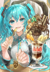Rule 34 | 1girl, aqua eyes, aqua hair, aqua necktie, banana, banana slice, bare shoulders, black sleeves, chair, chocolate, chocolate syrup, commentary, detached sleeves, food, fruit, glass, grey shirt, hair ornament, hatsune miku, highres, himukai aoi, holding, holding spoon, ice cream, incoming food, long hair, looking at viewer, mint, necktie, open mouth, orange (fruit), orange slice, parfait, pov, shirt, sitting, sleeveless, sleeveless shirt, smile, solo, sparkle, spoon, strawberry, strawberry slice, table, twintails, upper body, variant set, very long hair, vocaloid, wafer stick