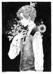 Rule 34 | 1boy, arm at side, bolo tie, buttons, closed mouth, collared shirt, dated, eric leblanc, expressionless, floral background, flower, from side, gisele alain, glasses, greyscale, hand on own chest, highres, ink (medium), kasai sui, long sleeves, looking away, male focus, monochrome, pocket, profile, ribbon, shirt, solo, traditional media, upper body, vest, waistcoat, wing collar