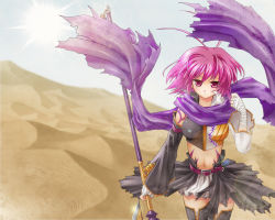 Rule 34 | 00s, 1girl, ahoge, antenna hair, bandages, desert, detached sleeves, kagetsu too, koihime musou, midriff, pink hair, polearm, red eyes, ryofu, scarf, short hair, solo, spear, tattoo, thighhighs, torn clothes, weapon