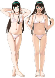 Rule 34 | 1girl, armpits, bikini, black hair, collarbone, flat chest, full body, glasses, green eyes, hairband, highres, kantai collection, long hair, looking at viewer, navel, ojipon, ooyodo (kancolle), open mouth, simple background, smile, stomach, swimsuit, white background, white bikini
