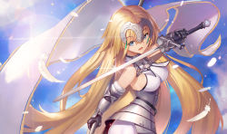 Rule 34 | armor, armored dress, blue eyes, blue sky, breasts, cloud, day, detached sleeves, duan henglong, fate/grand order, fate (series), gloves, hair between eyes, headphones, highres, jeanne d&#039;arc (fate), jeanne d&#039;arc (ruler) (fate), jeanne d&#039;arc (third ascension) (fate), large breasts, long hair, looking at viewer, md5 mismatch, resolution mismatch, sideboob, sky, solo, standard bearer, sword, weapon