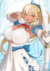 Rule 34 | 1girl, blonde hair, boca, bow, bow (weapon), bowtie, breasts, cleavage, covered erect nipples, dark-skinned female, dark elf, dark skin, detached sleeves, elf, gloves, highres, holding, holding bow (weapon), holding weapon, hololive, large breasts, long hair, orange eyes, pointy ears, ponytail, shiranui flare, shiranui flare (1st costume), solo, virtual youtuber, weapon, white gloves