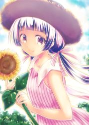 Rule 34 | 10s, 1girl, amayadori machi, black hair, blue sky, blunt bangs, bow, brown eyes, closed mouth, cloud, day, dress, flower, hair ribbon, hat, holding, holding flower, kumamiko, long hair, looking at viewer, low twintails, outdoors, pink bow, pink dress, pink ribbon, ribbon, signature, sky, sleeveless, sleeveless dress, smile, solo, straw hat, summer, sunflower, twintails, upper body, yano takumi