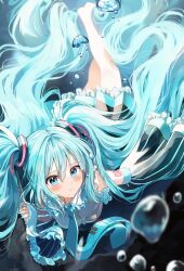 Rule 34 | 1girl, air bubble, black skirt, black sleeves, blue eyes, blue hair, blue necktie, blush, breasts, bubble, center frills, collared shirt, commentary request, detached sleeves, frilled skirt, frilled sleeves, frills, hair between eyes, hatsune miku, highres, long hair, long sleeves, necktie, parted lips, pentagon (railgun ky1206), pleated skirt, shirt, sidelocks, skirt, sleeveless, sleeveless shirt, small breasts, solo, tie clip, twintails, underwater, very long hair, vocaloid, water, white shirt, wide sleeves