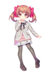 Rule 34 | 1girl, bad id, bad pixiv id, black footwear, black pantyhose, black ribbon, blazer, blush, bow, brown hair, cardigan, clenched hands, full body, grey jacket, grey skirt, hair bow, hand up, highres, jacket, komachi pochi, loafers, long sleeves, looking at viewer, miniskirt, neck ribbon, original, pantyhose, pink bow, pink cardigan, pocket, purple bow, purple eyes, red bow, ribbon, school uniform, shoes, simple background, skirt, smile, solo, stuffed animal, stuffed rabbit, stuffed toy, twintails, white background