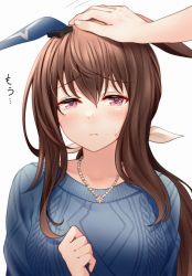 Rule 34 | 1girl, 1other, admire vega (umamusume), animal ears, blue sweater, breasts, brown hair, commentary request, ear covers, hand on another&#039;s head, headpat, highres, horse ears, horse girl, jewelry, long hair, looking at viewer, necklace, pearl necklace, purple eyes, red hayao, simple background, solo focus, sweater, translation request, umamusume, upper body, white background