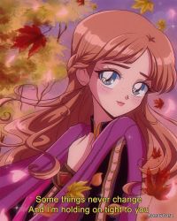 Rule 34 | 1980s (style), animification, anna (frozen), artist name, autumn leaves, blue eyes, brown hair, commentary, english commentary, english text, film grain, floating hair, frozen (disney), frozen ii (disney), hanavbara, hand on own chest, highres, light blush, long hair, looking to the side, oldschool, parted bangs, retro artstyle, smile, solo, sparkle, subtitled