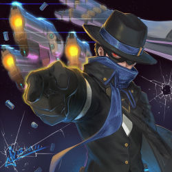 Rule 34 | 1boy, afterimage, aiming, alternate costume, black hair, broken glass, bullet hole, cassidy (overwatch), commentary request, covered mouth, dated, fedora, fourth wall, glass, gun, handgun, hat, hat over one eye, high collar, jojo no kimyou na bouken, lens flare, lens flare abuse, mystery man cassidy, official alternate costume, overwatch, overwatch 1, parody, pistol, pointing, pointing forward, red eyes, revolver, scarf, shell casing, short hair, solo focus, squidsmith, stand (jojo), star platinum, waistcoat, weapon
