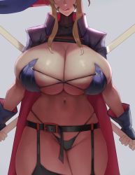 Rule 34 | 1girl, artoria pendragon (fate), artoria pendragon (lancer alter) (fate), black gloves, blonde hair, breasts, cape, cleavage, commentary, eu03, fate/grand order, fate (series), fingerless gloves, gloves, halloween costume, hat, head out of frame, highleg, highleg panties, huge breasts, licking lips, long hair, navel, panties, shrug (clothing), sidelocks, symbol-only commentary, thighs, tongue, tongue out, underwear, veins, veiny breasts, witch hat