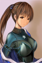 Rule 34 | 1girl, black bodysuit, blue dress, blue ribbon, bodysuit, breasts, brown eyes, brown hair, closed mouth, dead or alive, dead or alive 6, dress, kasumi (doa), large breasts, nannacy7, ninja, ponytail, ribbon, skin tight, solo, upper body