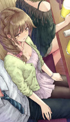 Rule 34 | 1boy, 2girls, :o, absurdres, alcohol, aramachi, beer, beer bottle, black legwear, braid, braided ponytail, breasts, brown hair, cardigan, cleavage, collarbone, dress, formal, green cardigan, hair ornament, hair scrunchie, hand on another&#039;s thigh, head out of frame, highres, idolmaster, idolmaster cinderella girls, jewelry, looking at another, multiple girls, necklace, necktie, off-shoulder shirt, off shoulder, pantyhose, pink dress, producer (idolmaster), restaurant, scrunchie, senkawa chihiro, shirt, shorts, side ponytail, solo focus, takagaki kaede