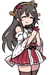 Rule 34 | 3girls, blush, breasts, brown legwear, closed eyes, detached sleeves, fairy (kancolle), flying sweatdrops, frilled skirt, frills, hair ornament, hairclip, haruna (kancolle), headgear, holding, holding leaf, japanese clothes, kantai collection, leaf, leaf hair ornament, long hair, medium breasts, mini person, minigirl, multiple girls, nontraditional miko, on head, red skirt, ribbon-trimmed sleeves, ribbon trim, simple background, skirt, smile, terrajin, thighhighs, white background