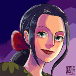 Rule 34 | 1girl, absurdres, aliasartworks, black hair, blue eyes, close-up, coat, commentary, english commentary, eyelashes, floral print, hairband, highres, long hair, looking to the side, looking up, low ponytail, nico robin, one piece, ponytail, purple background, red hairband, red lips, sidelocks, simple background, smile, solo