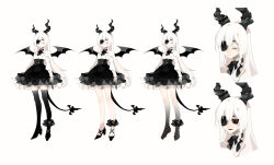 Rule 34 | 1girl, 21 ke, ankle garter, ankleband, arms at sides, barefoot, bat wings, black bow, black bowtie, black eyes, black footwear, black horns, black lips, black sclera, black skirt, black tail, black thighhighs, black wings, bow, bowtie, braid, claws, closed eyes, closed mouth, colored sclera, demon girl, demon tail, eyepatch, fang, fang out, hair between eyes, high-waist skirt, high heels, highres, horns, legband, long hair, long sleeves, miniskirt, monster girl, multiple views, one eye covered, original, parted lips, red pupils, shoes, side braid, simple background, single braid, skirt, sweater, tail, thighhighs, white background, white hair, white sweater, wings