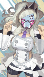 Rule 34 | 1girl, bike shorts, blonde hair, breasts, buttons, clenched hands, closed mouth, commentary request, cowboy shot, creatures (company), detached collar, detached sleeves, eri (pokemon), facepaint, game freak, grey eyes, hair behind ear, hands up, highres, long hair, medium breasts, necktie, nintendo, pokemon, pokemon sv, purple necktie, signature, solo, team star, vest, watermark, yamanashi taiki