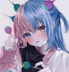 Rule 34 | 1girl, black shirt, blue eyes, blue hair, blue nails, blush, candy, commentary request, eating, food, food in mouth, grey background, hair between eyes, head tilt, heterochromia, highres, holding, holding candy, holding food, holding lollipop, jacket, lollipop, long hair, long sleeves, looking at viewer, multicolored hair, nail polish, nekota rekura, one side up, original, parted lips, pink eyes, pink hair, pink nails, shirt, sidelocks, simple background, solo, two-tone hair, upper body
