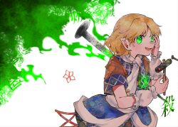 Rule 34 | 1girl, blonde hair, blue skirt, brown capelet, capelet, commentary request, green eyes, hand on own face, holding, itomugi-kun, japanese text, mizuhashi parsee, open mouth, pointy ears, shirt, short hair, skirt, smile, solo, touhou, translation request, white shirt, wrist cuffs