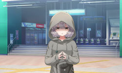 Rule 34 | 1girl, atm, cowlick, dot nose, drawstring, game cg, grey hair, grey hoodie, hood, hood up, hoodie, jewelry, long sleeves, looking down, magia record: mahou shoujo madoka magica gaiden, mahou shoujo madoka magica, miwa mitsune, official art, orange eyes, outdoors, parted lips, power symbol, print hoodie, ring, shaded face, short hair, solo, stairs, steepled fingers, train station, upper body
