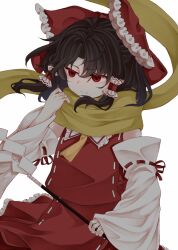 Rule 34 | 1girl, ascot, bare shoulders, black hair, bow, closed mouth, detached sleeves, gohei, hair between eyes, hair bow, hair tubes, hakurei reimu, japanese clothes, medium hair, nontraditional miko, red bow, red eyes, red skirt, ribbon-trimmed sleeves, ribbon trim, scarf, sidelocks, simple background, skirt, solo, touhou, upper body, white background, white sleeves, wide sleeves, yellow ascot, yellow scarf, zetsumame