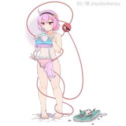 Rule 34 | 1girl, bare legs, bare shoulders, barefoot, bikini, blush, broken, closed mouth, commentary request, crack, cracked floor, empty eyes, frown, full body, hair ornament, hairband, hands up, heart, heart hair ornament, highres, holding, holding clothes, holding swimsuit, komeiji satori, pink eyes, pink hair, shadow, shiroi karasu, simple background, solo, standing, swimsuit, third eye, toes, touhou, unworn bikini, v-shaped eyebrows, weighing scale, white background