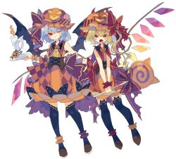 Rule 34 | 2girls, adapted costume, ankle cuffs, bat bowtie, bat wings, black legwear, black neckwear, blonde hair, blue hair, blush, bow, brown footwear, candle, candy, center frills, commentary, crystal, demon horns, dress, fangs, flandre scarlet, food, frills, full body, hat, hat bow, highres, holding, horns, jack-o&#039;-lantern, lollipop, long hair, mob cap, multiple girls, nikorashi-ka, one eye closed, open mouth, orange dress, orange headwear, oversized food, oversized object, pumpkin hat, red bow, red eyes, remilia scarlet, shoes, short hair, siblings, side ponytail, simple background, sisters, sleeveless, sleeveless dress, smile, striped, striped bow, swirl lollipop, thighhighs, touhou, white background, wings, wrist cuffs