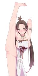 Rule 34 | 1girl, areola slip, armpits, arms behind head, arms up, bare shoulders, barefoot, blush, body markings, breasts, brown eyes, brown hair, censored, closed mouth, dress, facial mark, fate/grand order, fate (series), feet, forehead, forehead mark, highres, himiko (fate), himiko (first ascension) (fate), jewelry, large breasts, leg lift, leg up, legs, long hair, looking at viewer, magatama, magatama necklace, maidforge, mosaic censoring, navel, necklace, no bra, no panties, pussy, sideboob, simple background, smile, solo, split, standing, standing on one leg, standing split, topknot, twintails, white background, white dress