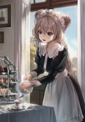 Rule 34 | 1girl, :d, absurdres, apron, black dress, breasts, brown hair, collared dress, commentary, cup, curtains, day, double bun, drawing (object), dress, espi, food, frills, hair between eyes, hair bun, highres, holding, holding teapot, indoors, juliet sleeves, leaf, long hair, long sleeves, maid, maid headdress, medium breasts, open mouth, original, pastry, picture frame, pouring, puffy sleeves, purple eyes, sandwich, saucer, sleeve cuffs, smile, solo, table, tablecloth, teacup, teapot, tiered tray, waist apron, white apron, window