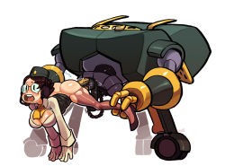 Rule 34 | 1girl, anal, ass, bad id, bad tumblr id, blush, breasts, cleavage, cleavage cutout, clothed sex, clothing cutout, doggystyle, double penetration, garrison cap, glasses, hat, headset, high heels, large breasts, mecha, military, military uniform, molly (skullgirls), multiple penetration, noill, open mouth, pantyhose, robot, sex, sex from behind, skullgirls, solo, solo focus, spread legs, tears, torn clothes, torn pantyhose, uniform, vaginal, walker (robot)