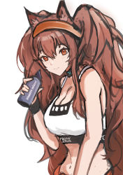 Rule 34 | 1girl, absurdres, angelina (arknights), animal ears, arknights, bare shoulders, blush, bottle, breasts, brown hair, cleavage, closed mouth, collar, fox ears, hairband, highres, holding, holding bottle, infection monitor (arknights), large breasts, long hair, looking at viewer, official alternate costume, orange eyes, orange hairband, saltyz, smile, solo, sports bra, sweatband, twintails, upper body, very long hair