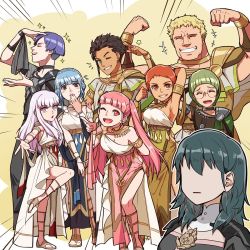Rule 34 | 4boys, 5girls, arm behind back, arm up, armband, armlet, armpits, bare shoulders, blonde hair, blue hair, blunt bangs, blunt ends, blush, braid, breasts, brown eyes, brown hair, byleth (female) (fire emblem), byleth (fire emblem), choker, claude von riegan, cleavage, clenched hands, closed eyes, collarbone, commentary, covering own mouth, dark skin, detached collar, drawingddoom, dress, earrings, english commentary, feet out of frame, fire emblem, fire emblem: three houses, flying sweatdrops, full body, glasses, green eyes, green hair, grin, hair between eyes, hair bun, hand over own mouth, heart, highres, hilda valentine goneril, ignatz victor, jewelry, large breasts, leonie pinelli, long hair, looking at viewer, lorenz hellman gloucester, lysithea von ordelia, marianne von edmund, matching hair/eyes, medium hair, multiple boys, multiple girls, muscular, nintendo, no eyes, one eye closed, open mouth, orange eyes, orange hair, pink eyes, pink hair, purple hair, raphael kirsten, sandals, short hair, sideboob, single hair bun, small breasts, smile, standing, sweatdrop, teeth, tongue, twintails, upper body, watermark, wink
