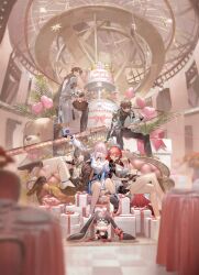 Rule 34 | 2boys, 3girls, absurdres, balloon, black gloves, black jacket, black skirt, blue skirt, boots, box, breasts, brown footwear, brown hair, brown scarf, cake, cake stand, camera, couch, dan heng (honkai: star rail), food, foot up, gift, gift box, glasses, glint, gloves, grey hair, happy birthday, heart balloon, high heel boots, high heels, highres, himeko (honkai: star rail), holding, holding camera, honkai: star rail, honkai (series), indoors, jacket, knees together feet apart, knees up, large breasts, layer cake, long sleeves, looking at viewer, march 7th (honkai: star rail), matsuura kento, multiple boys, multiple girls, open clothes, open jacket, outstretched arm, pencil skirt, pink eyes, pom-pom (honkai: star rail), rabbit, red hair, scarf, shirt, shoe soles, short hair, side-by-side, sitting, skirt, stelle (honkai: star rail), table, tablecloth, trailblazer (honkai: star rail), welt yang, white jacket, white shirt, wide shot, yellow eyes