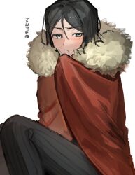 Rule 34 | 1boy, black hair, black pants, cape, closed mouth, fate/zero, fate (series), fur-trimmed cape, fur trim, grey eyes, highres, looking at viewer, male focus, pants, red cape, short hair, sitting, solo, tokoni fusu, translation request, waver velvet, wrapped up