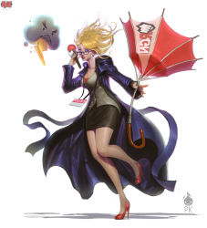 Rule 34 | 1girl, alternate costume, bespectacled, blonde hair, blue eyes, breasts, broken umbrella, cleavage, cloud, concept art, forecast janna, glasses, high heels, highres, janna (league of legends), league of legends, long coat, long hair, medium breasts, microphone, official art, pencil skirt, red footwear, reporter, shoes, skirt, solo, umbrella, wind, wind lift, zeronis