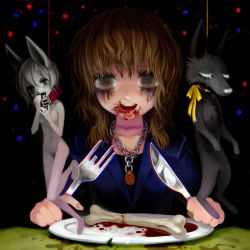 Rule 34 | animal ears, blood, bone, brown eyes, brown hair, collar, dog, fork, guro, jewelry, knife, necklace, nude, plate, pubic hair, suicide, vore, what, yukaman