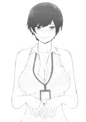 Rule 34 | 1girl, absurdres, badge, bare shoulders, blush, bra, breasts, cleavage, collarbone, collared shirt, earrings, facing viewer, formal, greyscale, highres, id card, jewelry, lanyard, large breasts, looking at viewer, monochrome, name tag, norman maggot, office lady, olive laurentia, original, parted lips, partially unbuttoned, pixie cut, see-through, shirt, short hair, simple background, sleeveless, sleeveless shirt, smile, solo, sweat, sweatdrop, underwear, upper body, white background